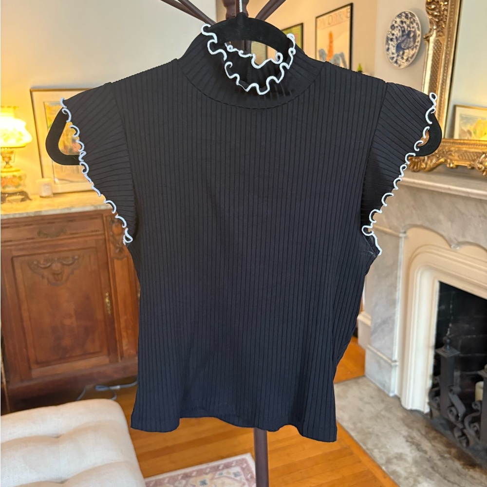 Zara Black Ribbed Top with White Ruffle Trim